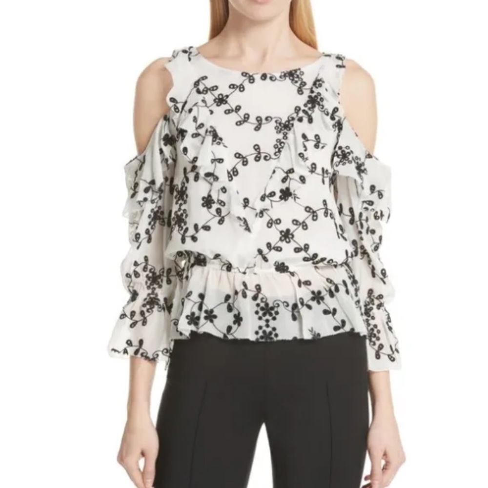 JOIE CARLYTON EYELET BLACK WHITE COLD SHOULDER BLOUSE SILK TOP S